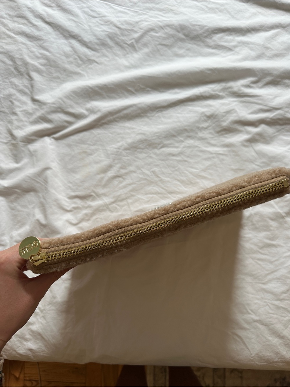 Beige Shearling Zip Pouch with LP Rhinestone Letters - Picture 2 of 3